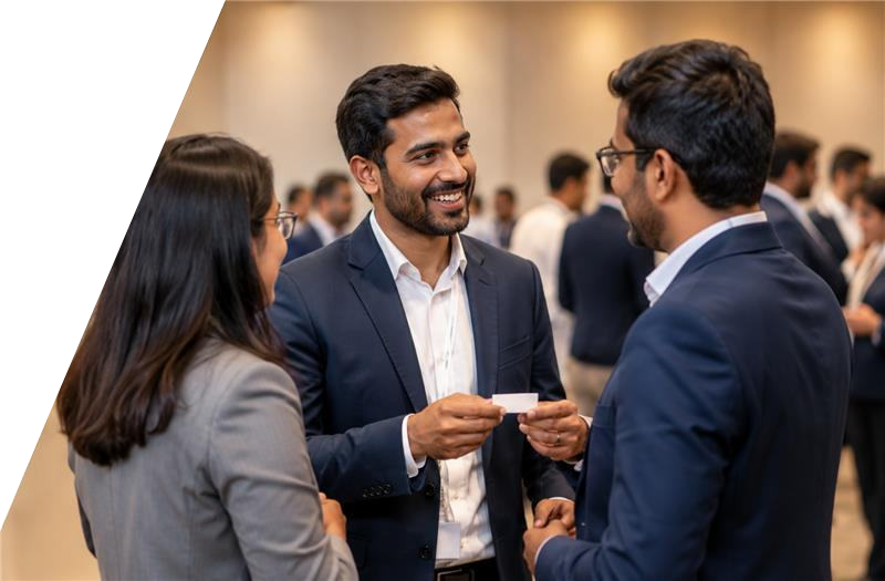 Professionals networking at a business event