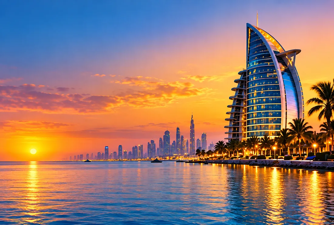 Burj Al Arab and the Dubai coast at sunset