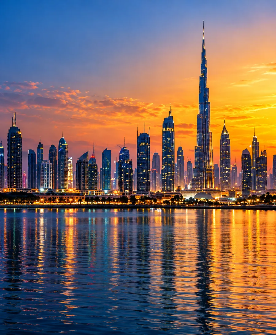 Dubai downtown skyline reflected in the water at sunset