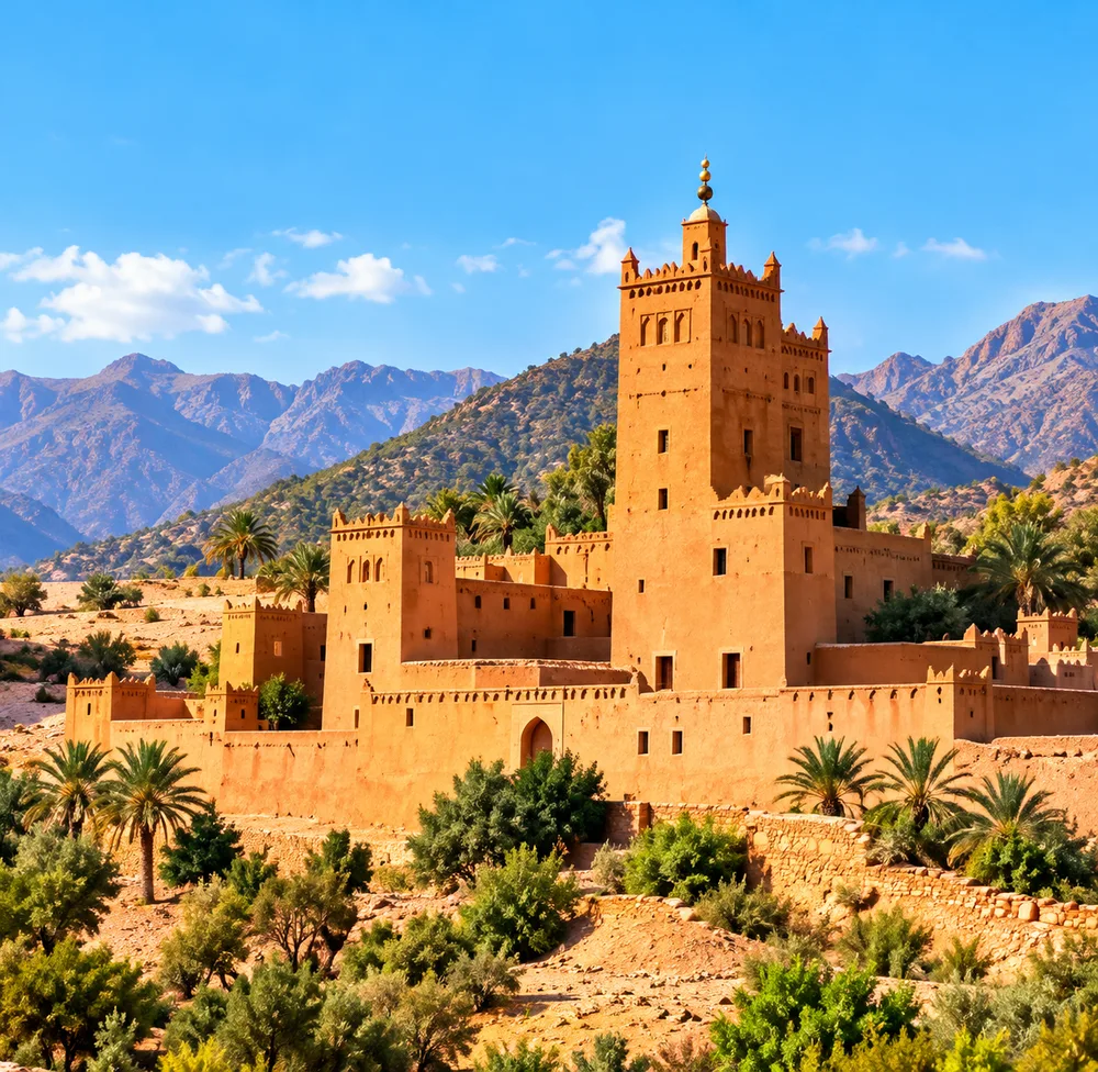 Sandstone fort among palms and mountains near Salalah, Oman