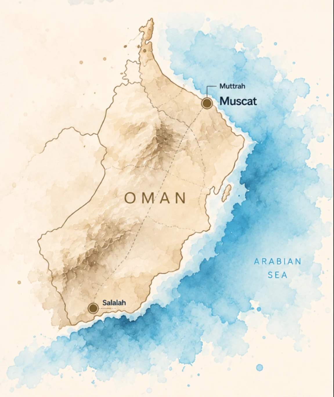 Map of Oman showing Muscat (Muttrah) and Salalah on the Arabian Sea