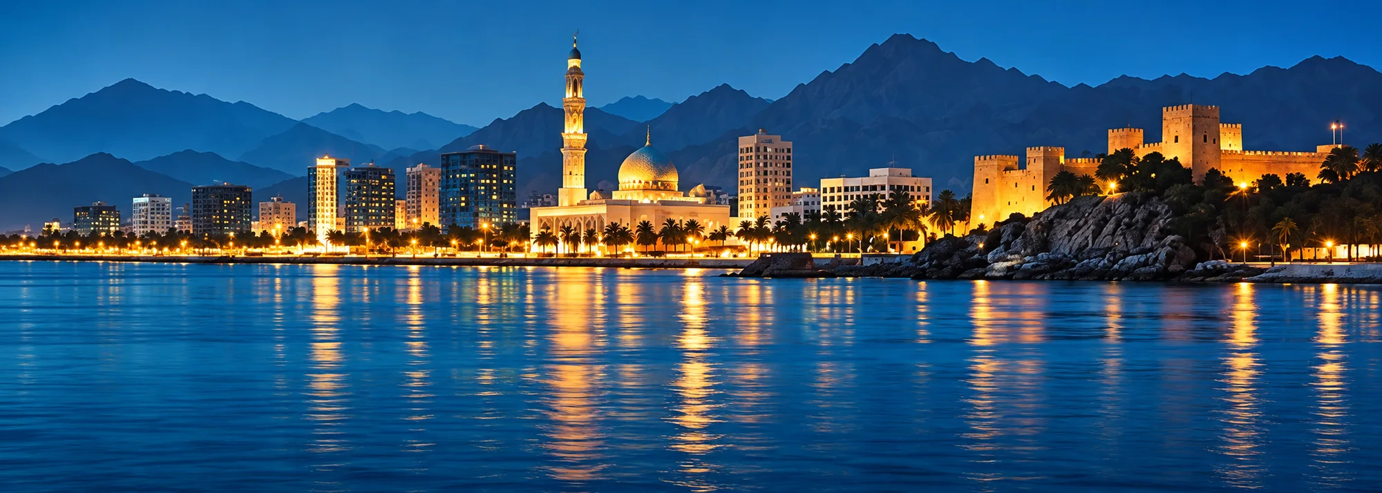 Muscat waterfront at night: mosque, tall buildings, mountains and the lit Mutrah fort