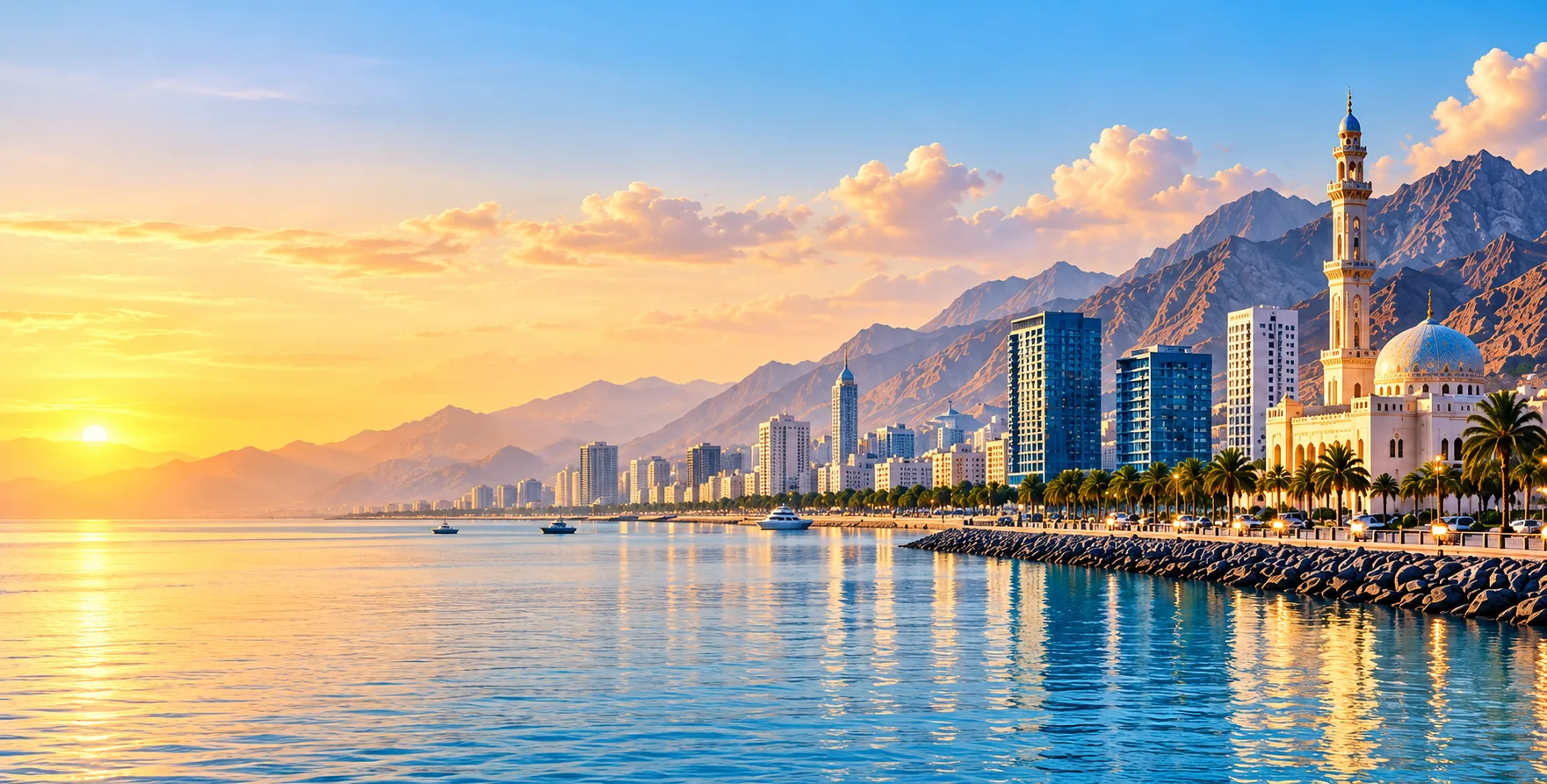 Muscat waterfront with mosque and mountains at sunset