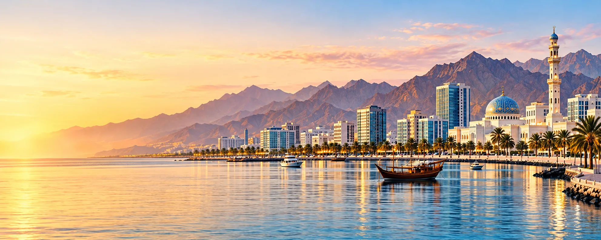 Muscat waterfront with a traditional dhow at golden hour